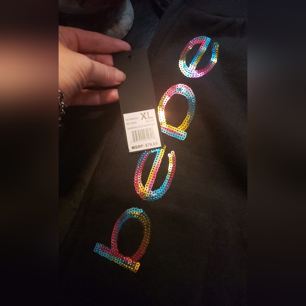 NWT Rainbow Metallic Holographic Black Sweatpant Women's Juniors bebe Joggers ♥